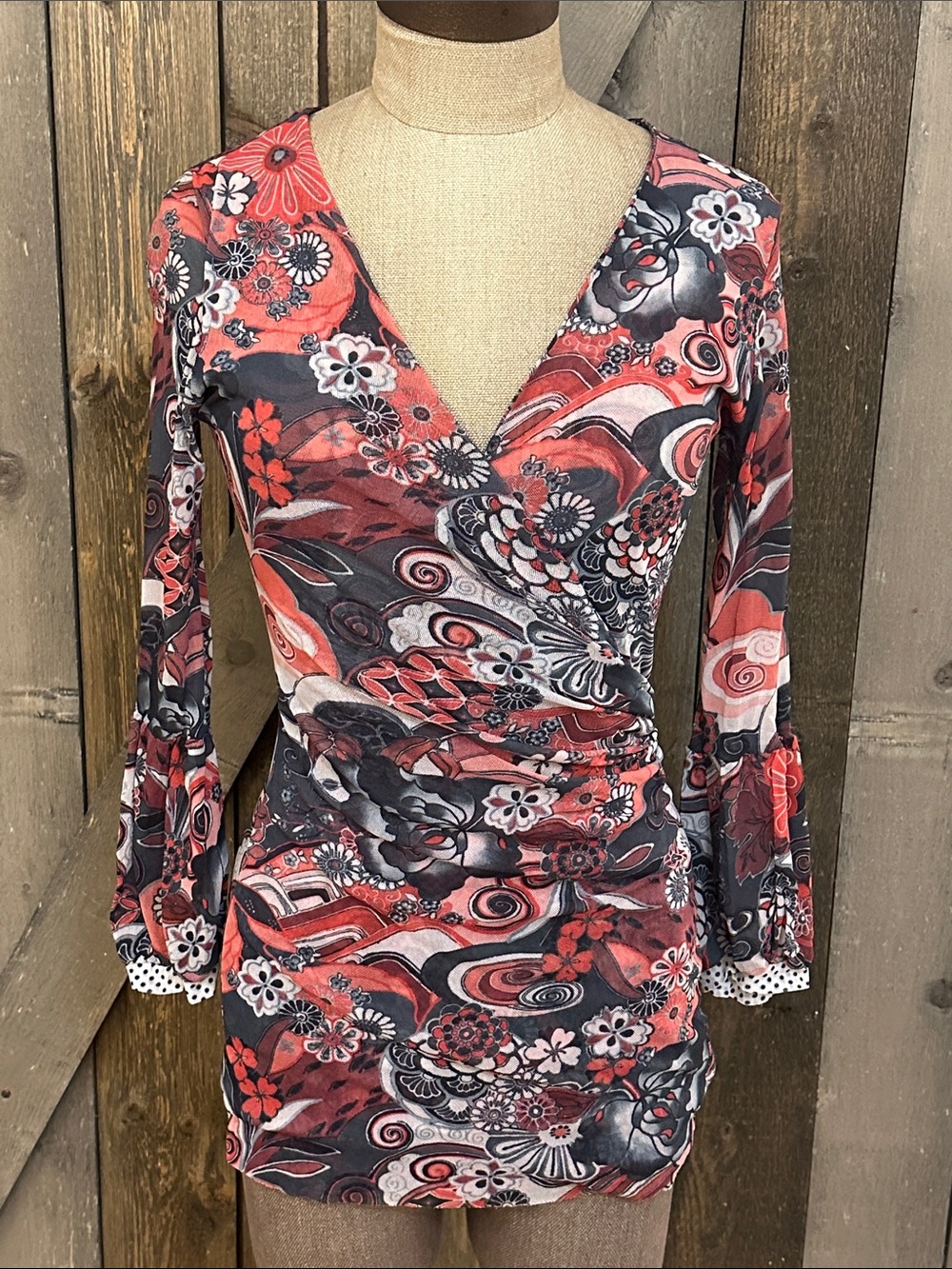 Y2K Whimsigoth Red & Black Stretch Mesh Floral Ruched Sheer Sleeve Top SZ Large
